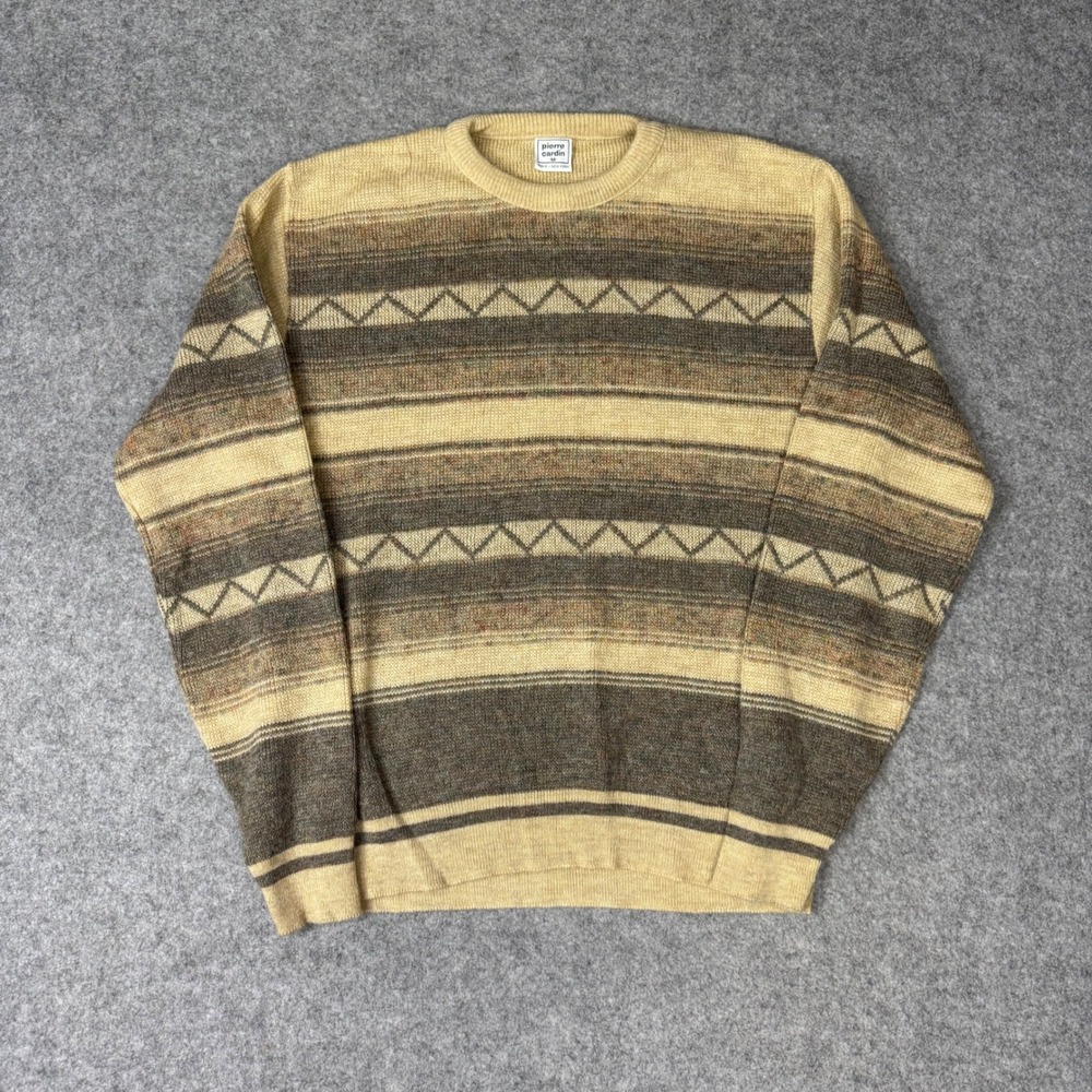 Pierre Cardin Vintage Mens Medium Geometric Stripe Knit Crew Neck Sweater Tan